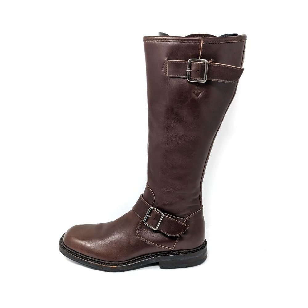 New Varda Womens 7 Brown Leather Knee High Riding Moto Waterproof Boots Zip EUC